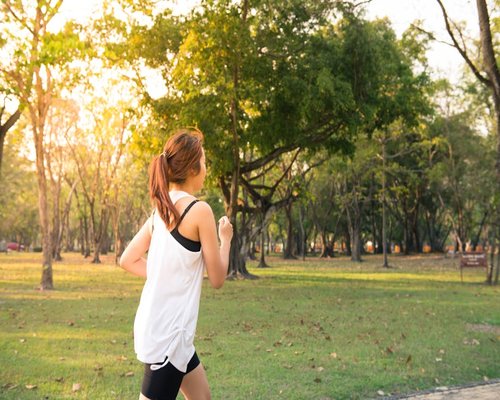 Healthy person jogging in the park during sunrise
